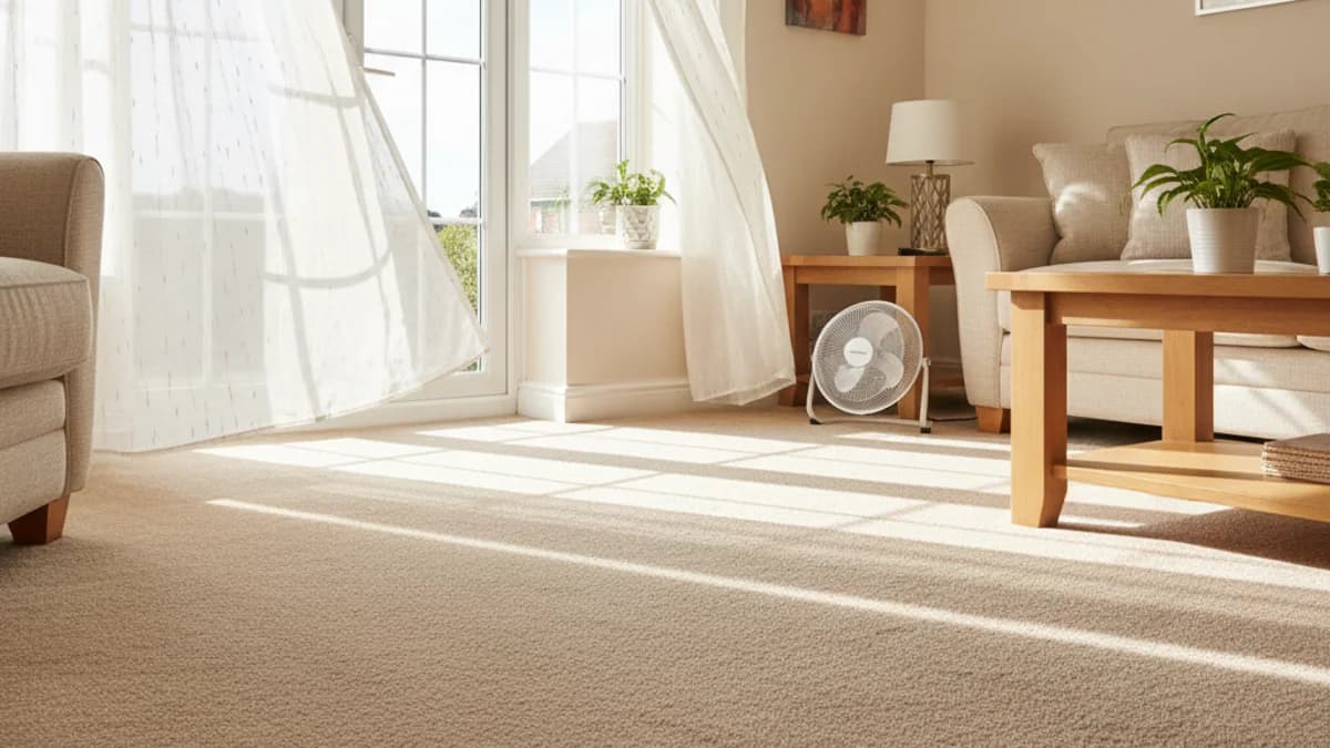 Freshly cleaned carpet drying with airflow — aftercare instructions from That Carpet Guy